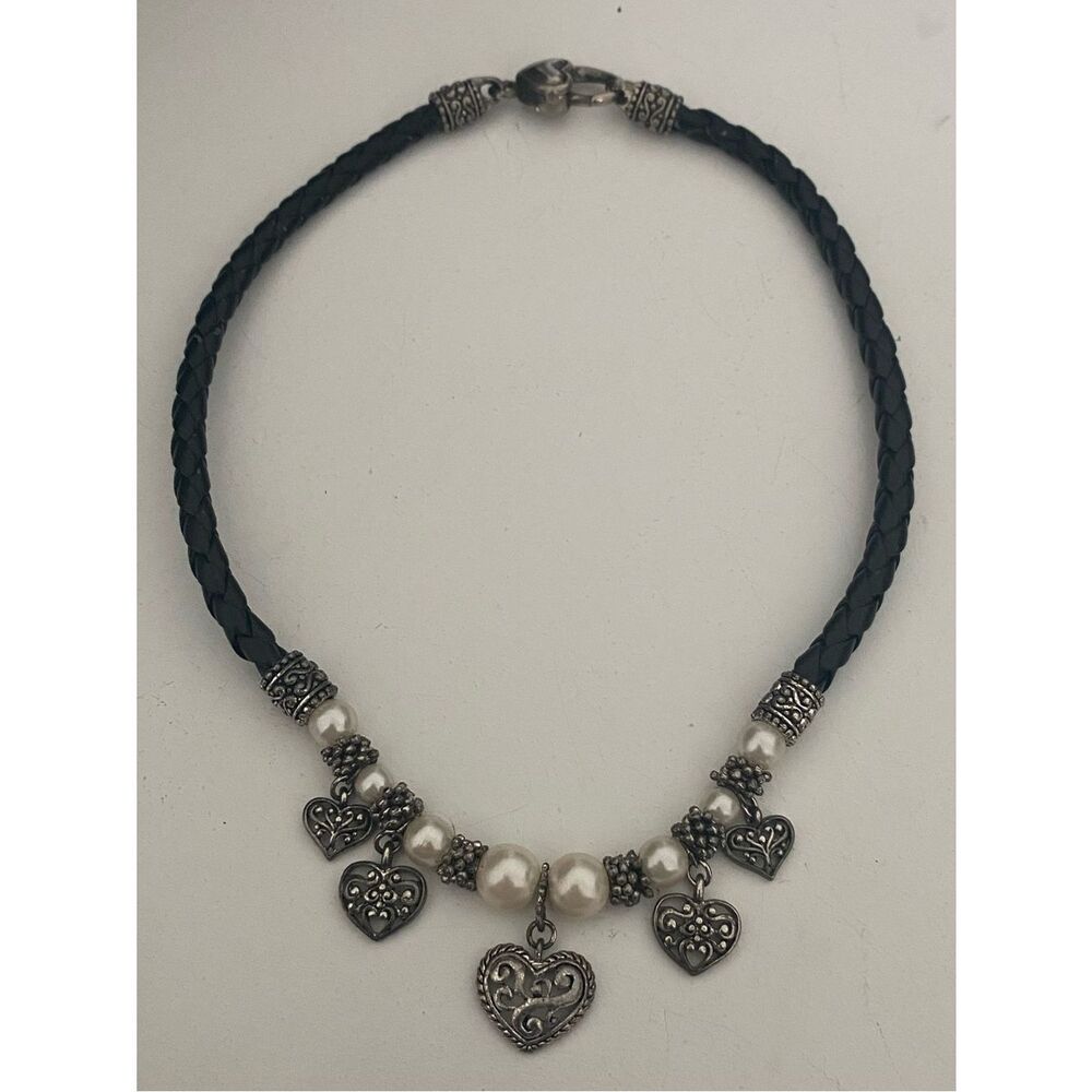 Braided Black Leather Necklace with Silver Heart Charms and Pearls 16”